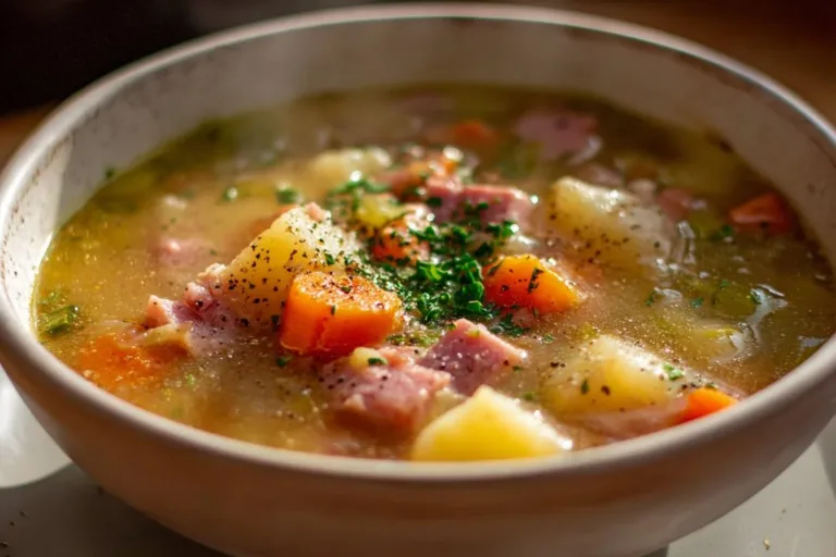 Bowl of hearty ham soup garnished with herbs and vegetables.