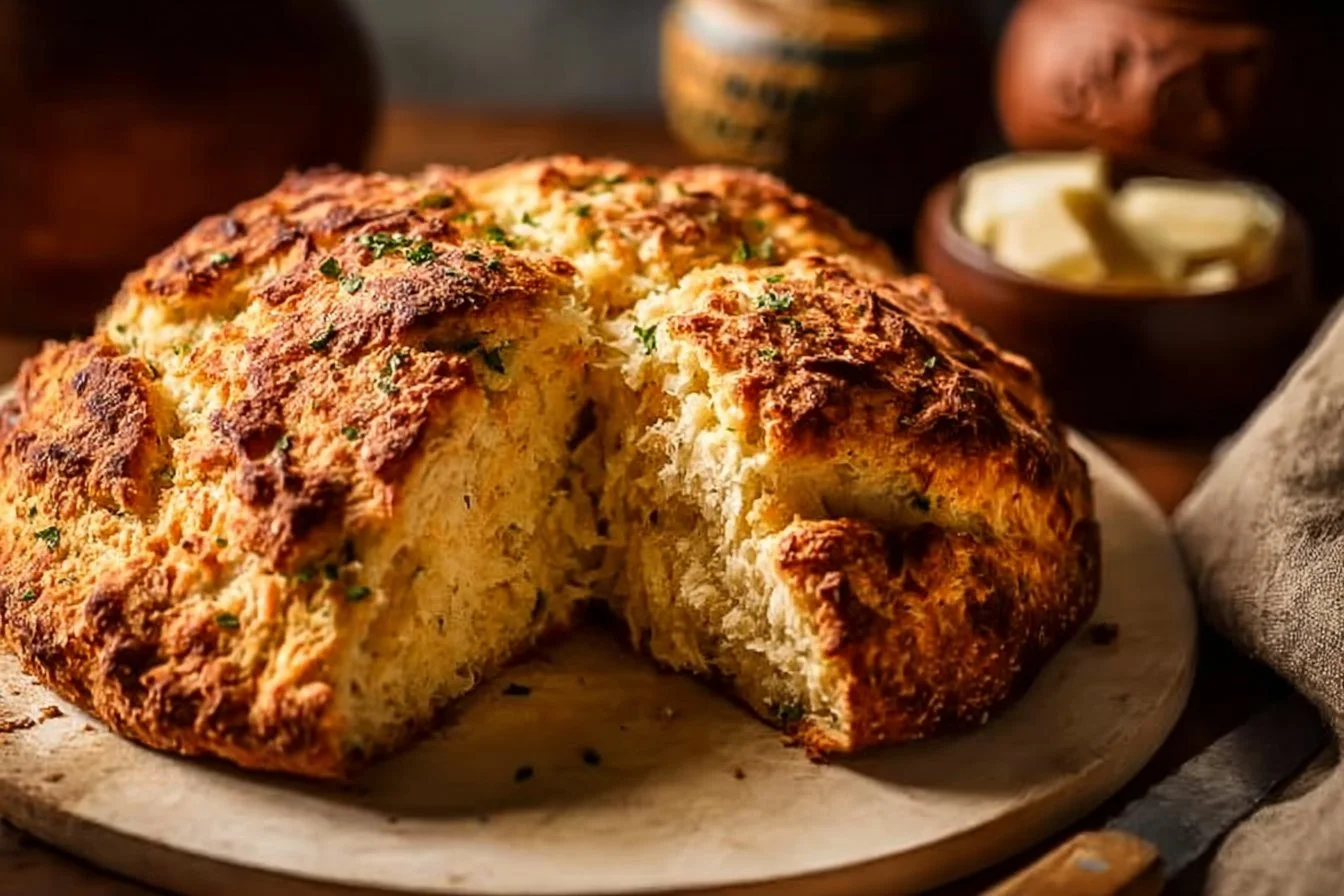 Freshly baked Herbed Cheddar Irish Soda Bread on a wooden table