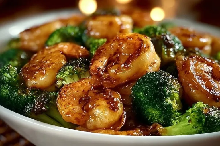 High-protein honey garlic shrimp dish served with vegetables