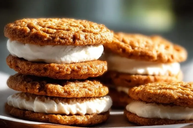 Delicious homemade oatmeal cream pies with creamy filling between oatmeal cookies.