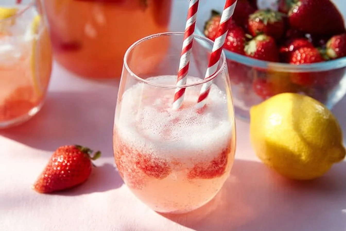 Glass of homemade strawberry lemonade garnished with fresh strawberries and lemon slices.
