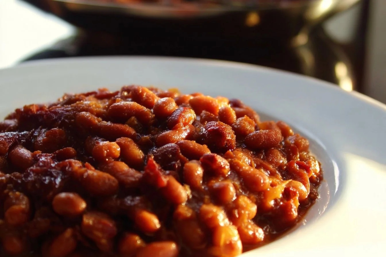 Delicious honey baked beans served in a bowl