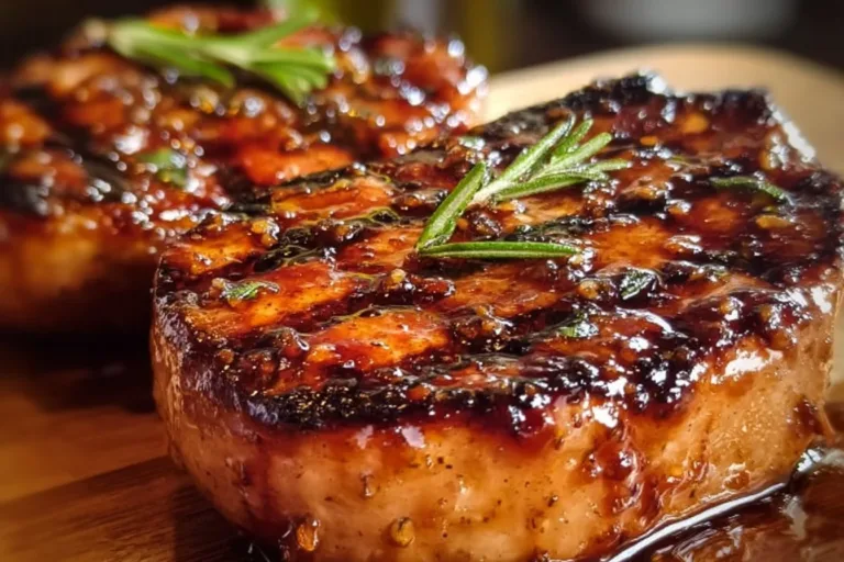 Delicious Honey Garlic Pork Chops served on a plate with herbs and sides.