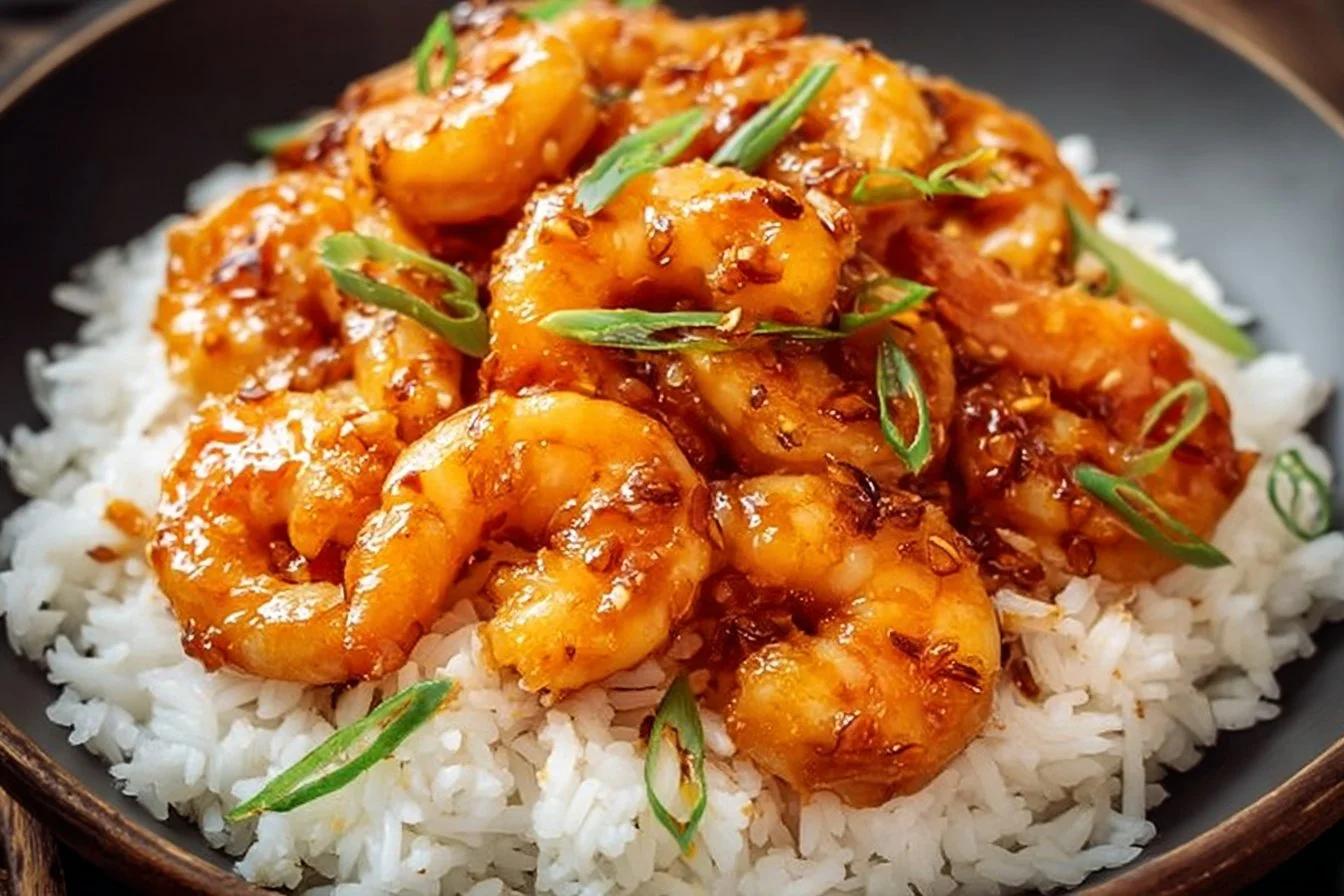 Delicious Honey Garlic Shrimp served on a plate with fresh herbs and rice