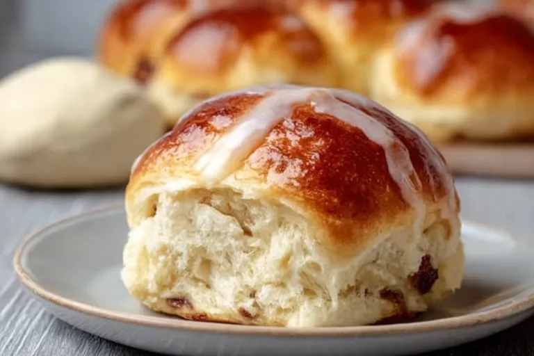 Freshly baked Hot Cross Buns with spices and currants on a cooling rack.