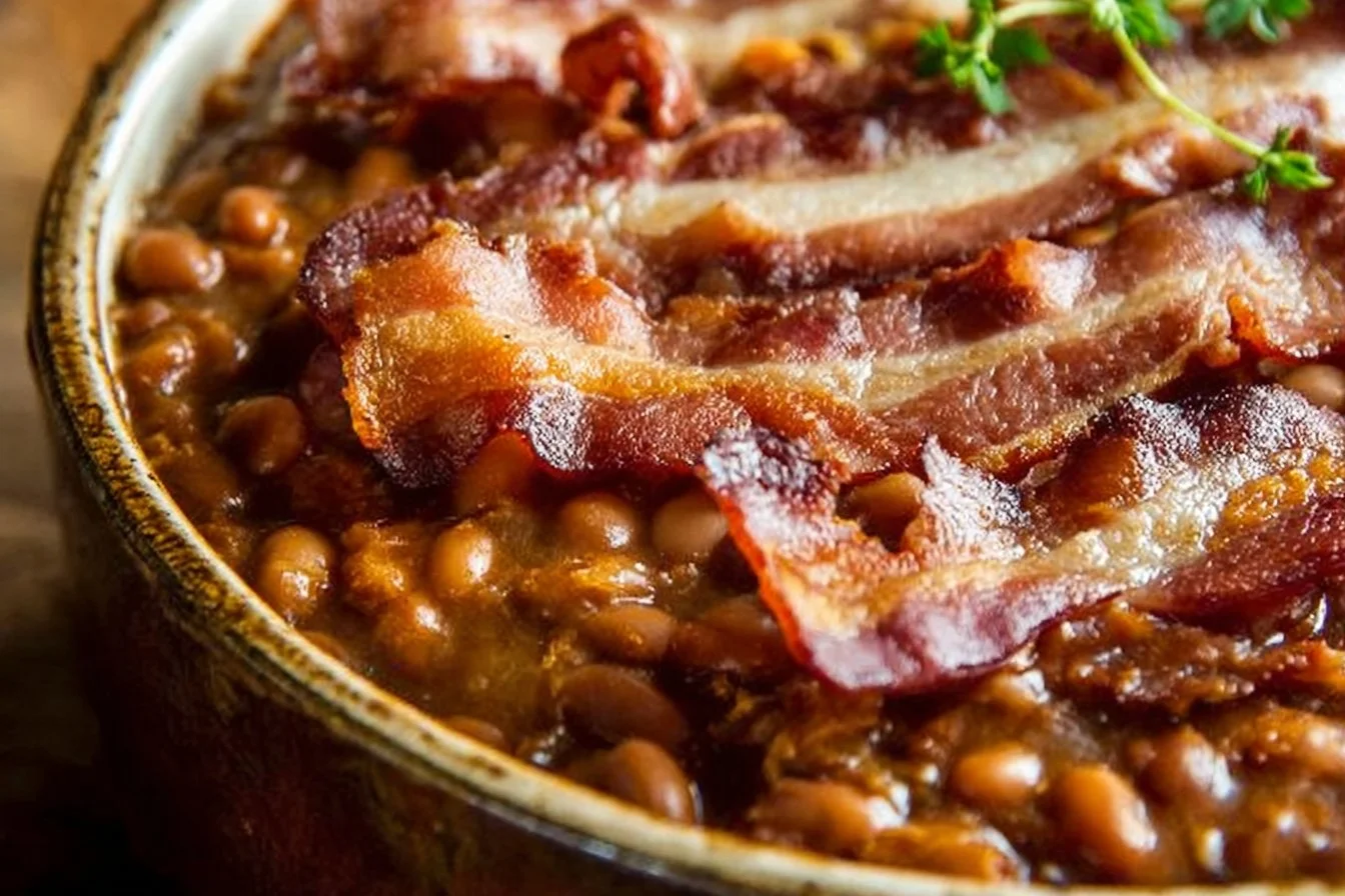 Homemade style canned baked beans cooking in a pot.