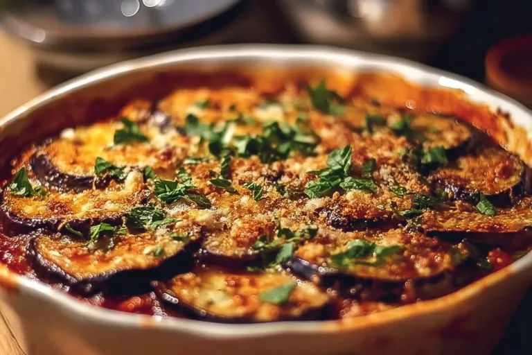Delicious and colorful incredible eggplant dish served elegantly on a plate