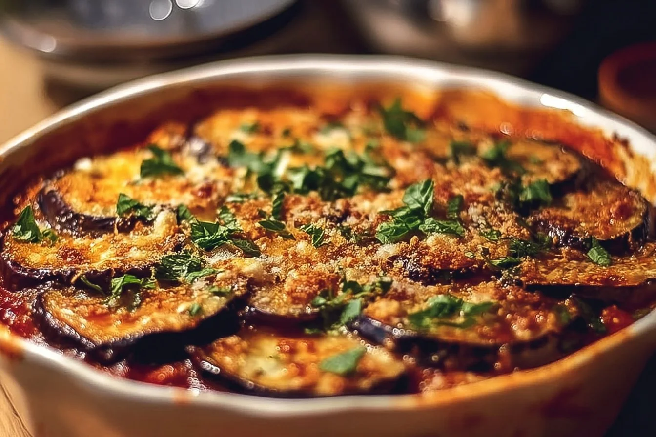 Delicious and colorful incredible eggplant dish served elegantly on a plate