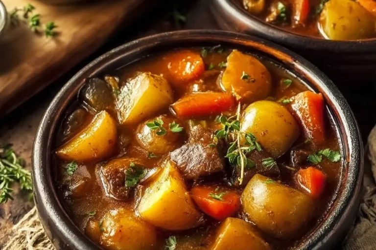 Bowl of hearty Irish vegetarian stew with fresh vegetables and herbs