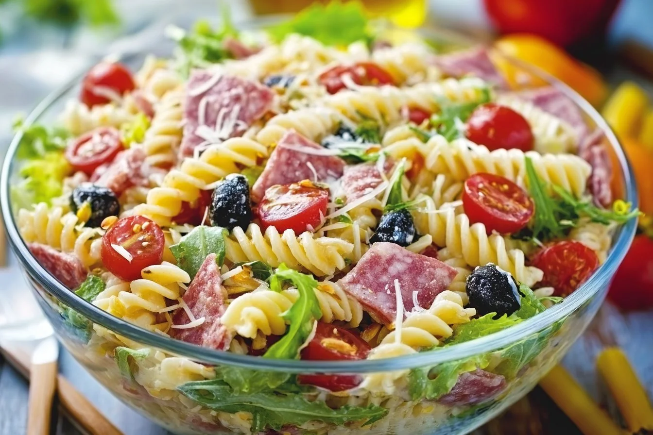 Bowl of Italian Grinder Pasta Salad with fresh vegetables and herbs