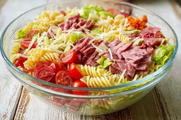 Colorful Italian Grinder Pasta Salad with fresh vegetables and dressing
