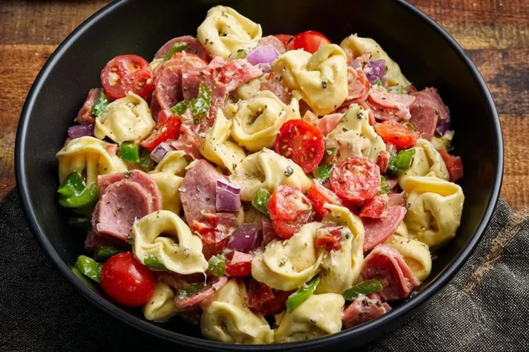 Italian Grinder Tortellini Salad with fresh vegetables and dressing
