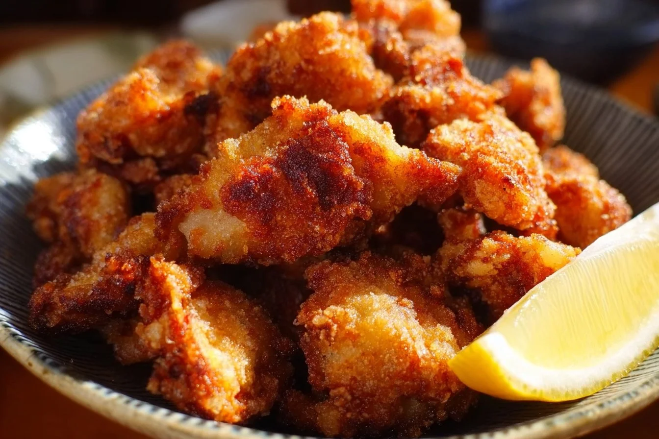 Delicious plate of Japanese Fried Chicken with crispy coating and garnish.
