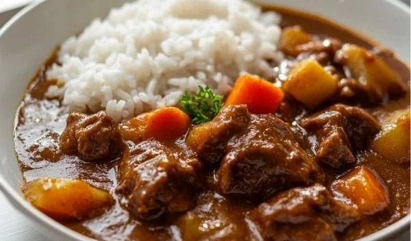 Delicious bowl of Japanese Pork Curry with tender pork and vegetables