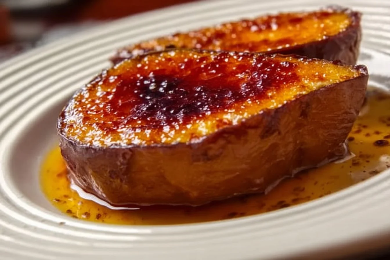 Close-up of Japanese sweet potato crème brûlée with a caramelized sugar top