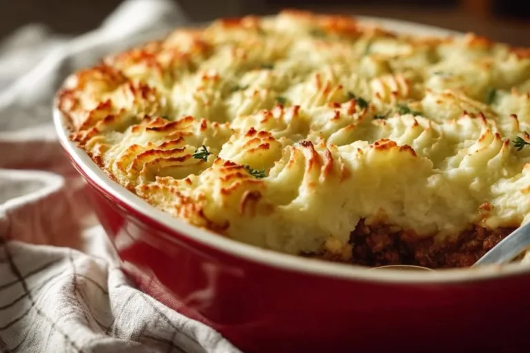 Bowl of Joanna Gaines' famous Shepherd's Pie with creamy mashed potatoes on top.