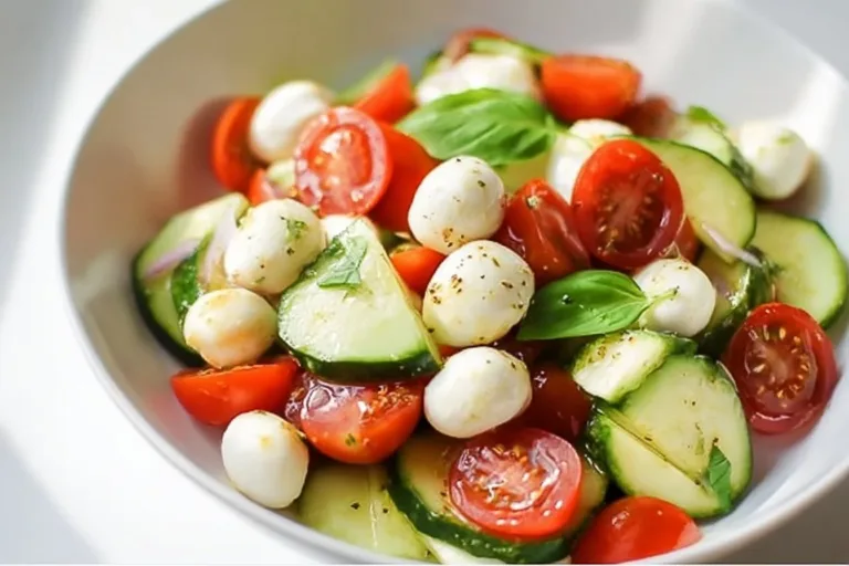 Juicy Cucumber Caprese Salad with tomatoes and mozzarella cheese