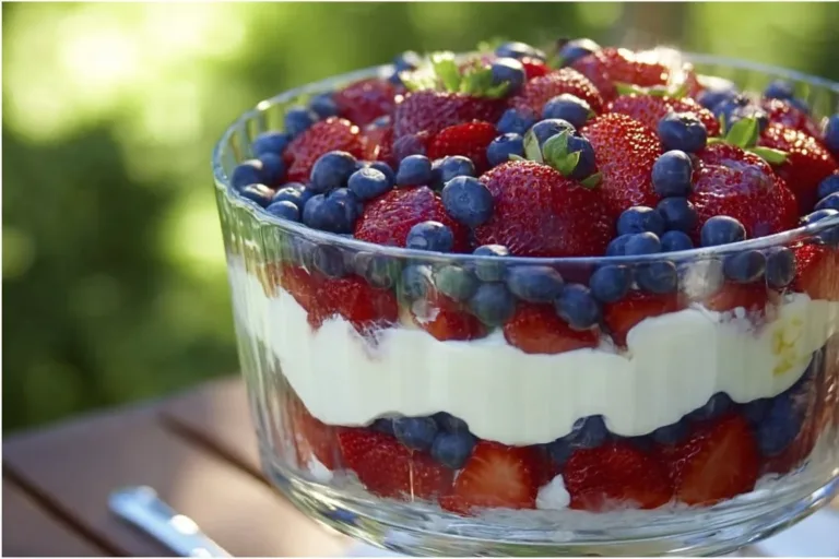 Delicious layered berry trifle with fresh berries and creamy layers