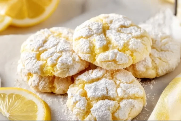 Freshly baked Lemon Crinkle Cookies dusted with powdered sugar.
