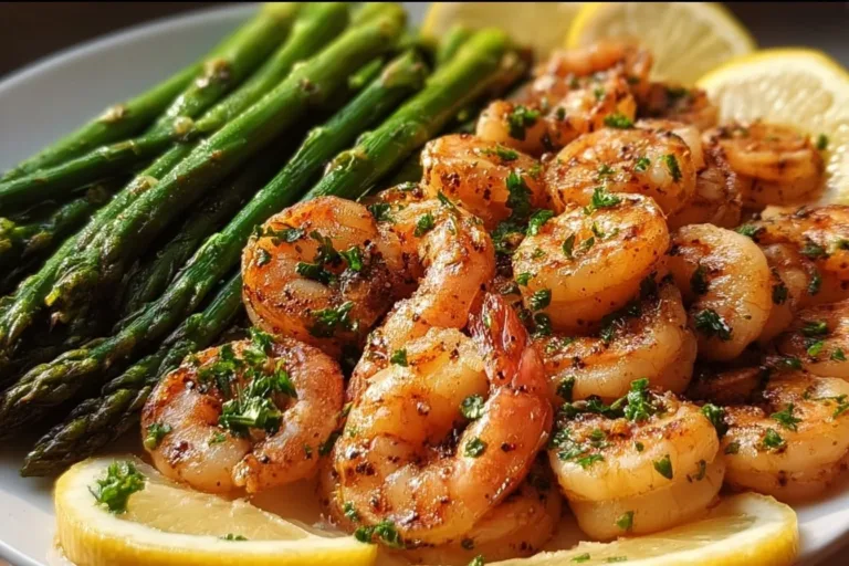 Cooked lemon garlic shrimp served with sautéed asparagus on a plate.