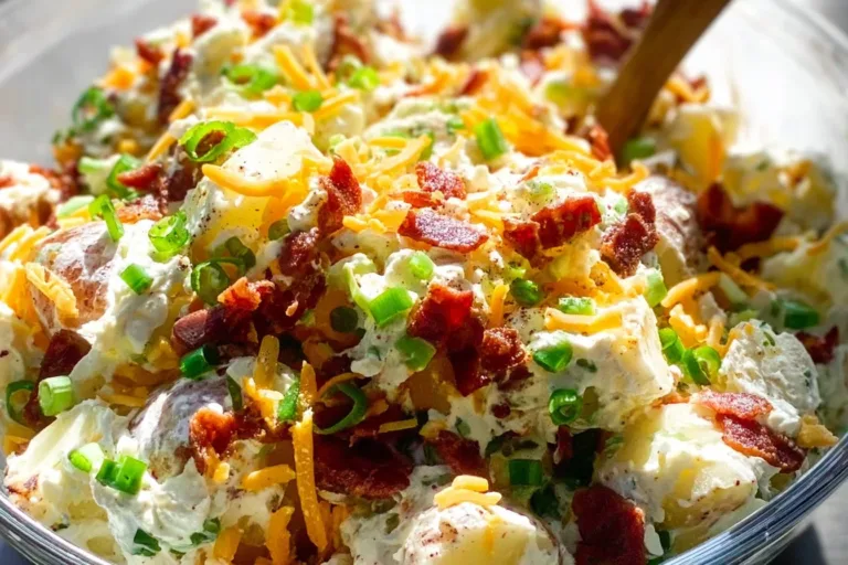Loaded baked potato salad with toppings like cheese, bacon, and green onions.