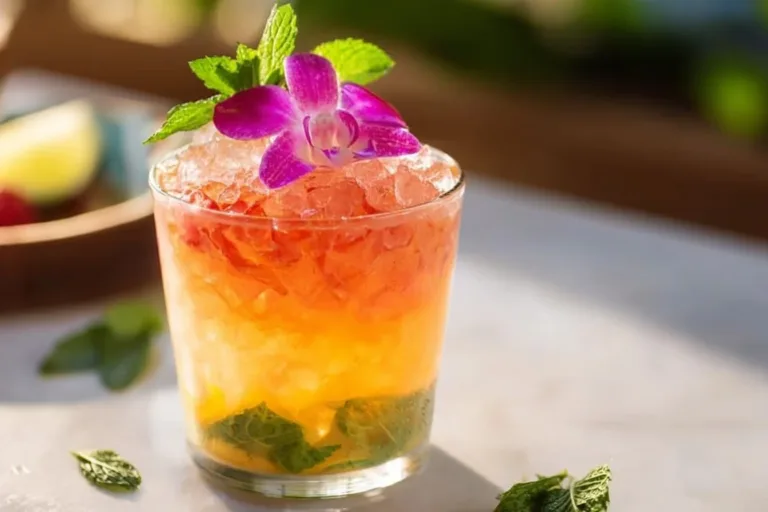 Mango Rum Swizzle cocktail garnished with fresh fruit