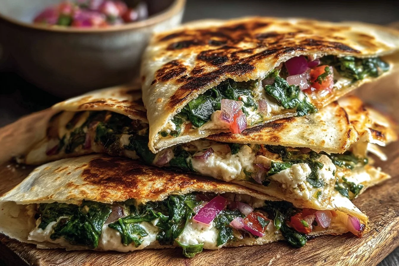 Mediterranean Quesadillas with Spinach, Feta, Mozzarella, and Red Onion