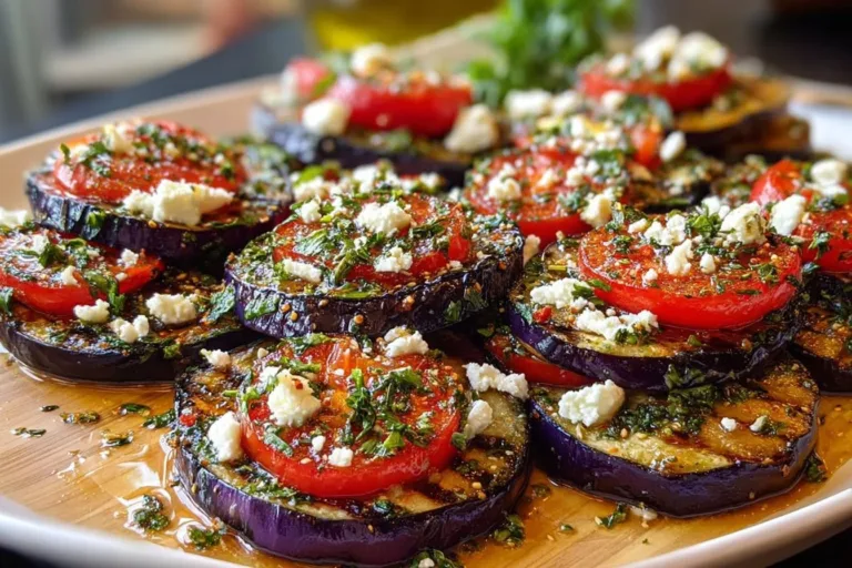 Delicious Mediterranean roasted eggplant served on a rustic plate with herbs
