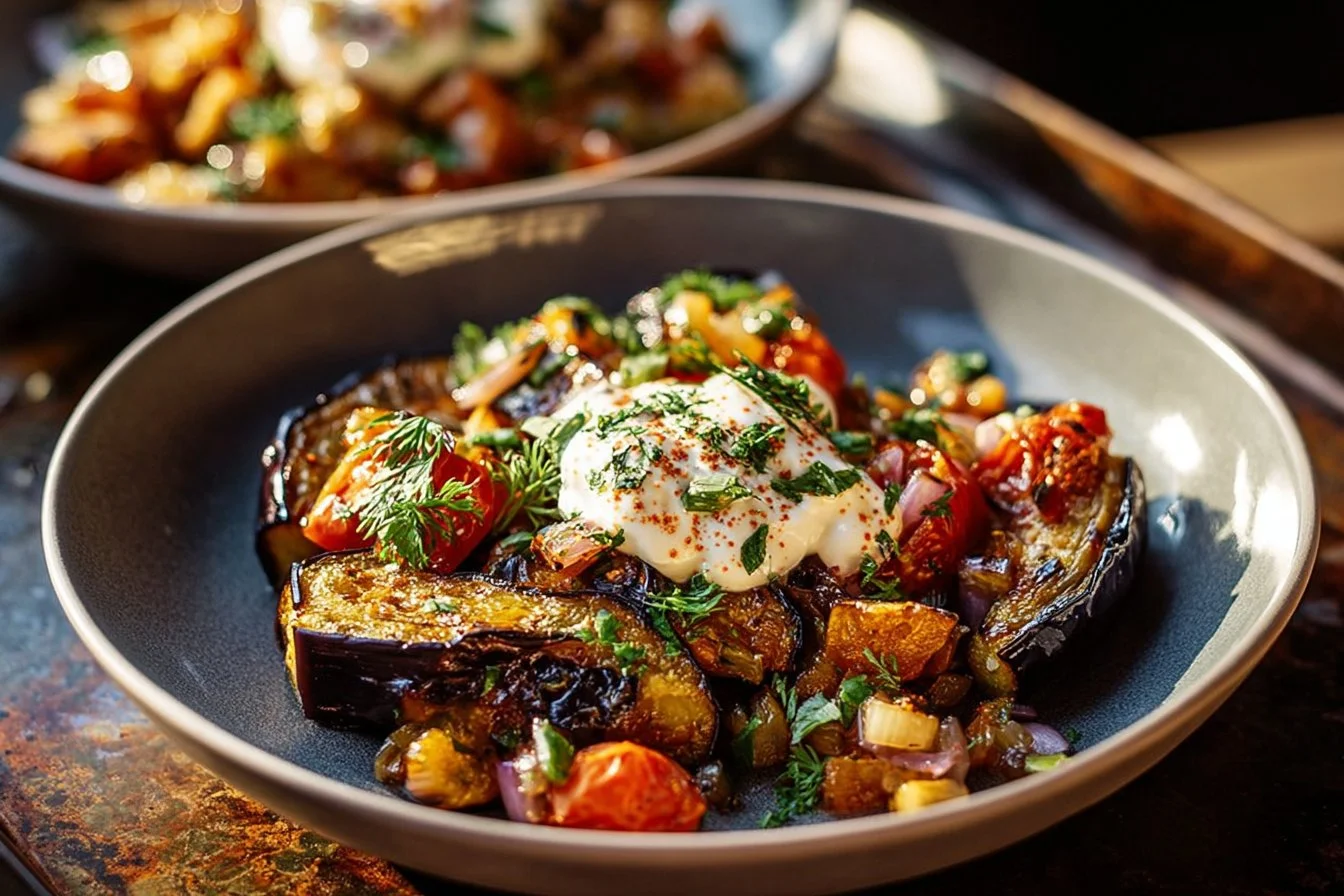 Delicious Mediterranean roasted eggplant served on a plate with herbs