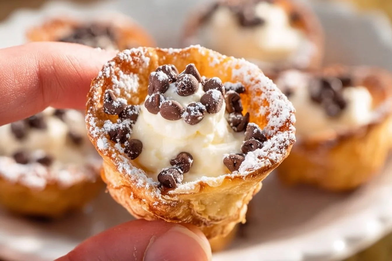 Delicious mini cannoli cups filled with creamy ricotta topping.