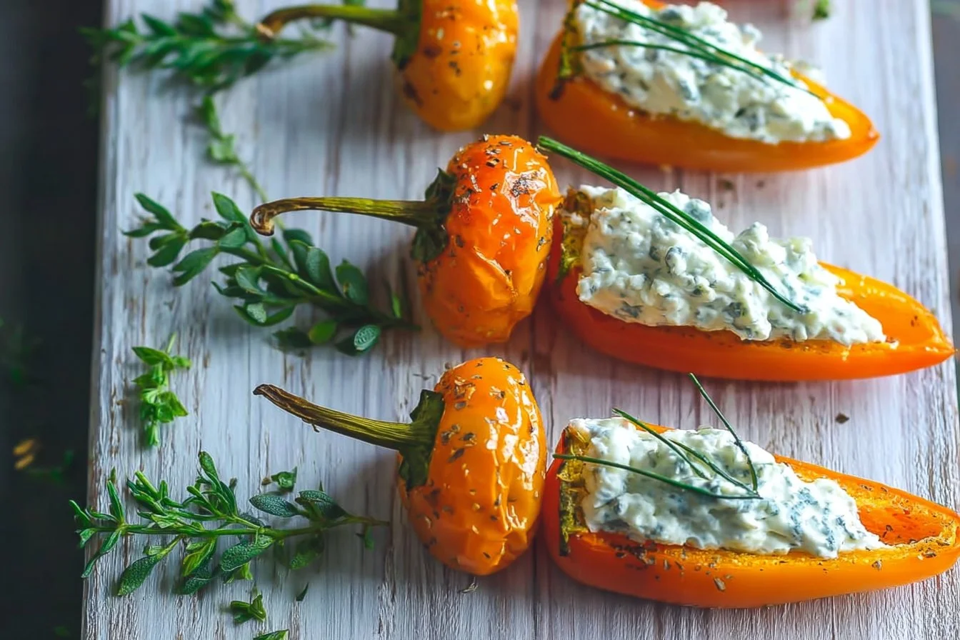 Mini 'Carrot' Peppers Stuffed with Herb Cream Cheese | Bite-Sized Kitchen | Easter Party Food, Easter Snacks, Easter Brunch Food