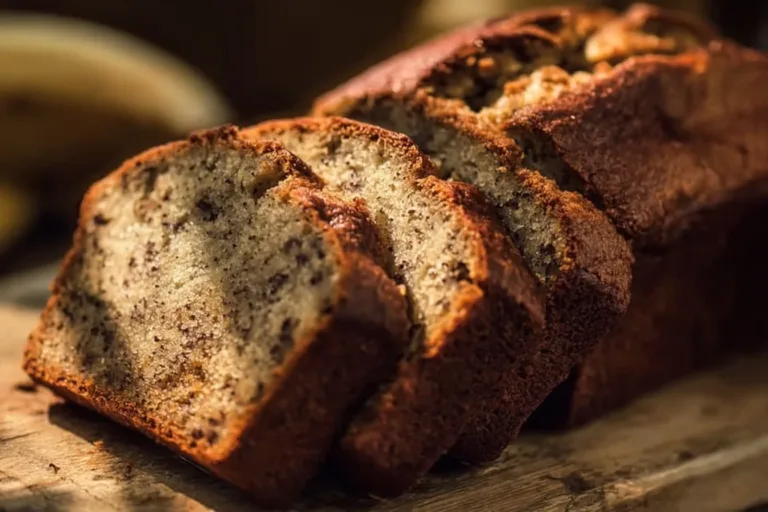 Loaf of old fashioned banana bread on a wooden board