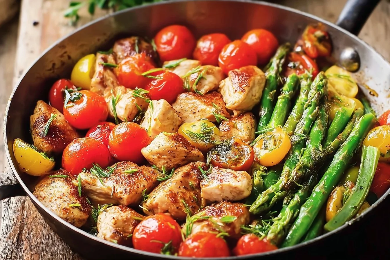 One-Pan Pesto Chicken Tortellini with colorful veggies