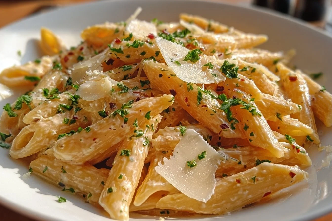 One Pot Creamy Garlic Pasta served in a bowl with a sprinkle of parsley