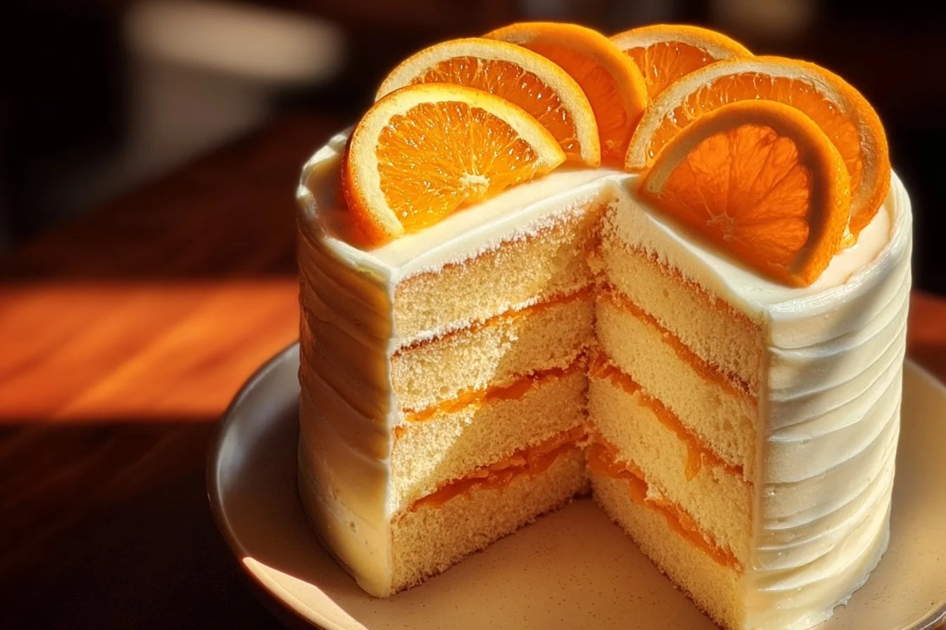 Delicious Orange Creamsicle Cake topped with orange frosting and cream decorations.