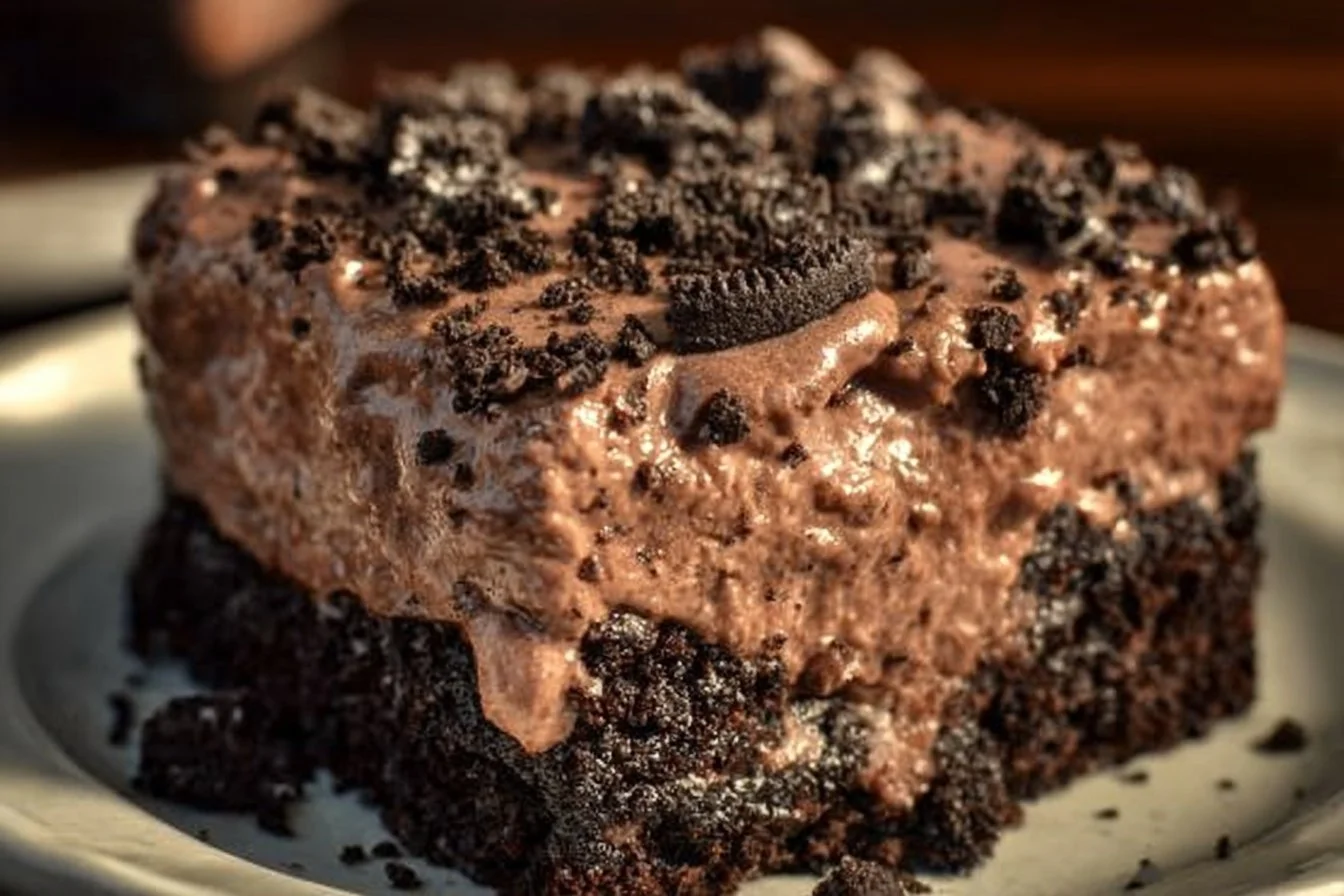 Delicious Oreo Dirt Cake topped with crushed Oreos and cream.