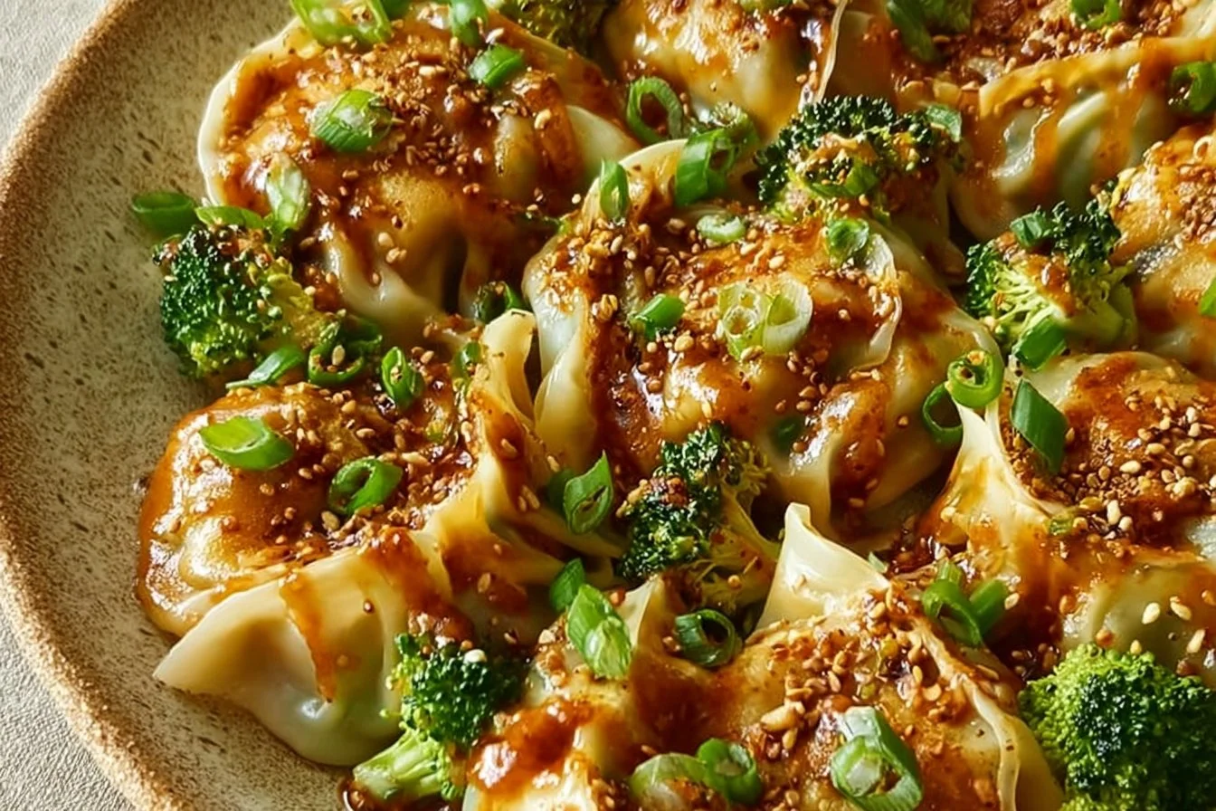 Oven-baked dumplings served with creamy peanut sauce on a plate.