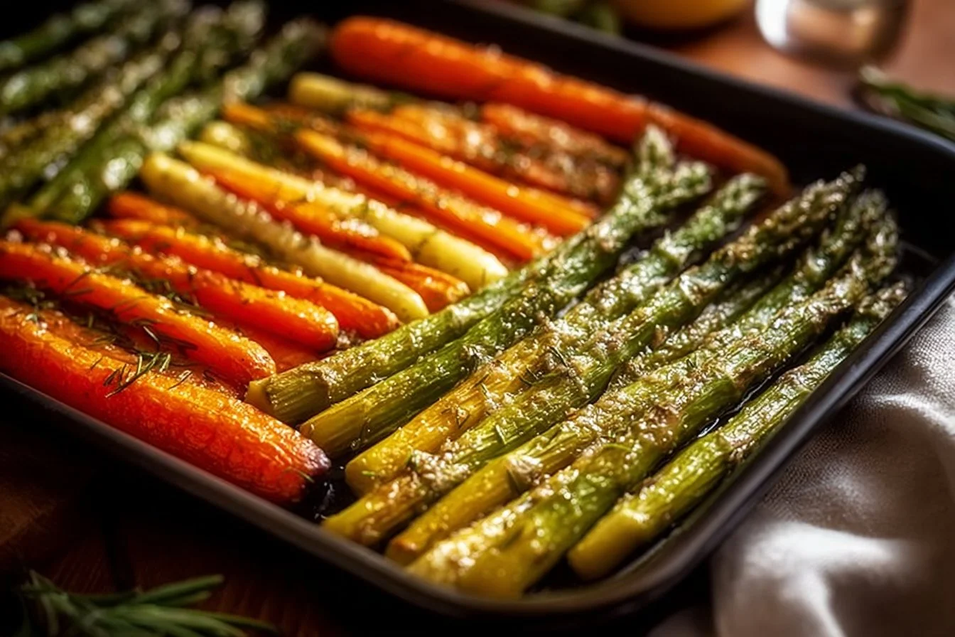 Oven-roasted asparagus and carrot medley served on a white plate.