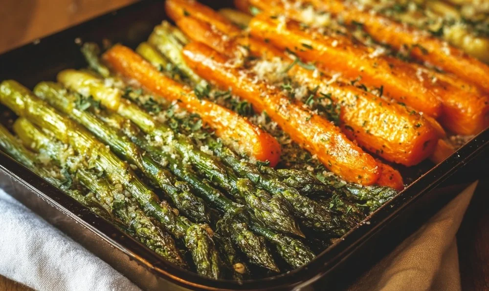 Oven-roasted asparagus and carrots served in a bowl, ready to eat.