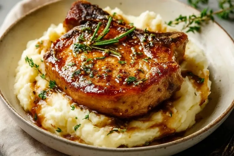 Pan-seared brown sugar pork chops sizzling in a skillet