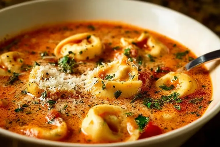 Bowl of Parmesan Tomato Tortellini Soup garnished with fresh herbs.