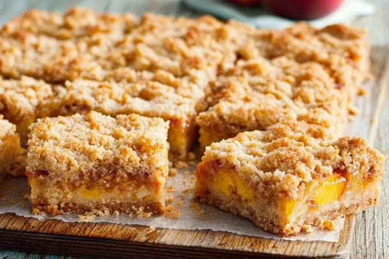 Homemade peaches and cream crumble bars with a golden crust and fresh peach filling