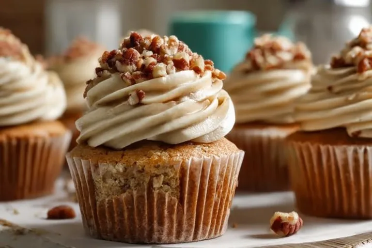 Delicious Pecan Pie Cupcakes topped with caramel and pecans