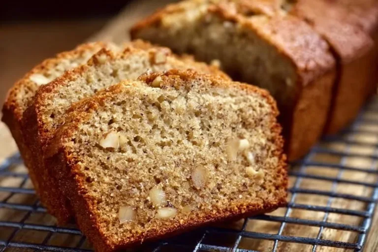 Freshly baked banana nut bread loaf with walnuts on a wooden cutting board