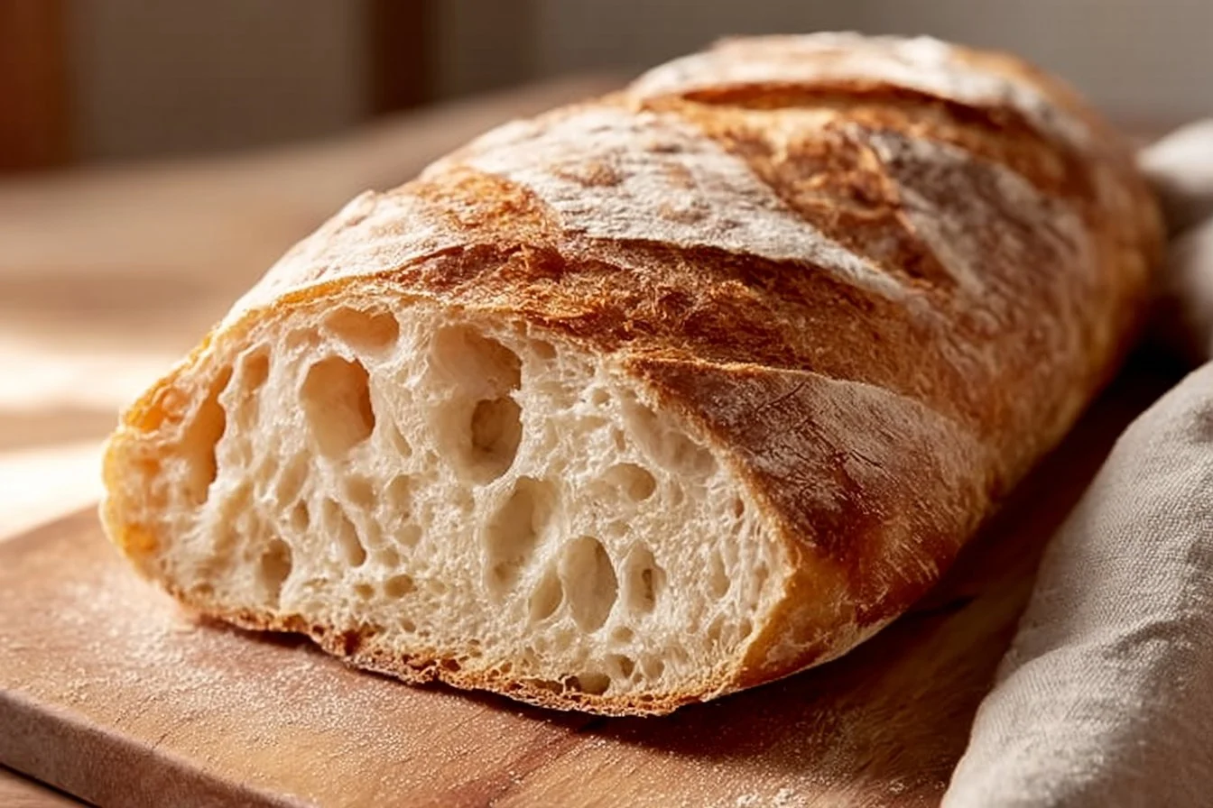 Loaf of perfect sourdough discard French bread on a wooden cutting board.