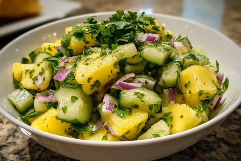 Fresh pineapple cucumber salad served in a bowl with vibrant colors