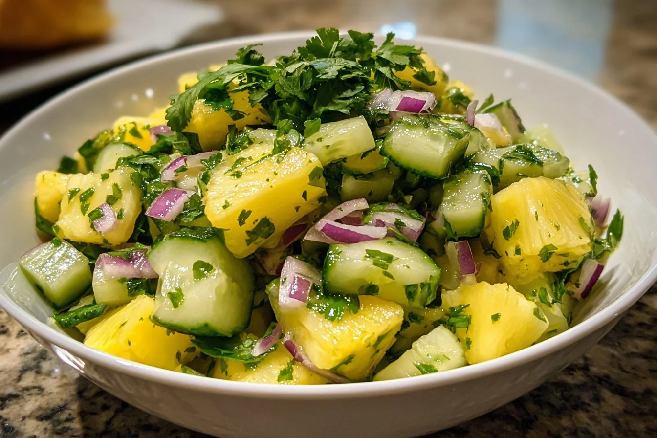 Fresh pineapple cucumber salad served in a bowl with vibrant colors