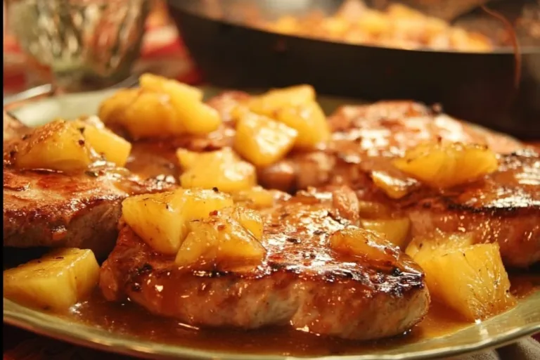 Savory pineapple pork chops garnished and served on a plate