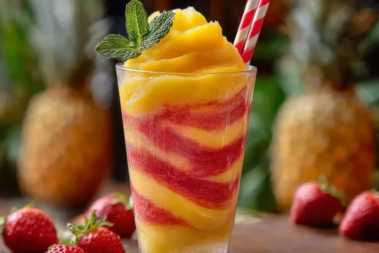 Delicious Pineapple Strawberry Slushies in colorful cups on a sunny day.