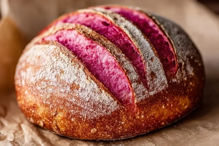 A loaf of pink sourdough bread on a rustic wooden table.